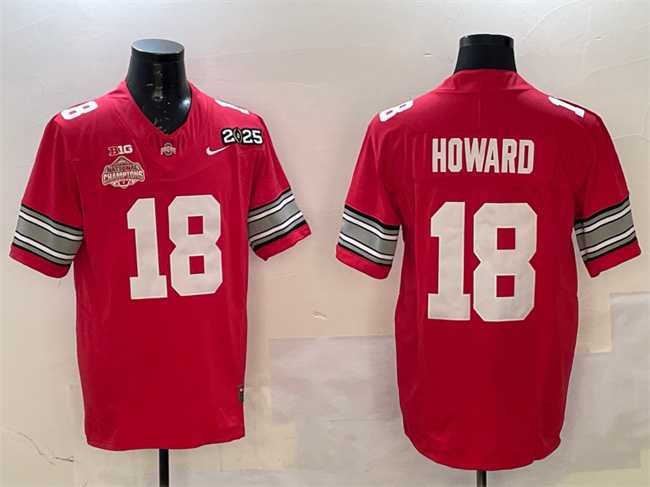Mens Ohio State Buckeyes #18 Will Howard Red 2025 CFP Final With National Champions Patch F.U.S.E. Vapor Limited Stitched Jersey